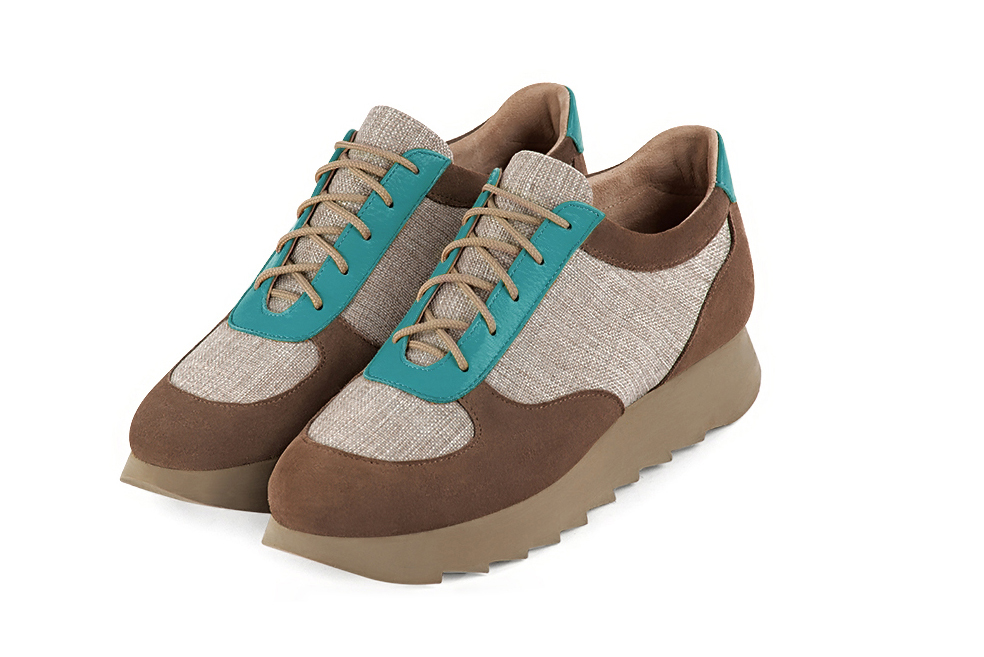 Chocolate brown, natural beige and turquoise blue women's three-tone elegant sneakers. Round toe. Low rubber soles. Front view - Florence KOOIJMAN